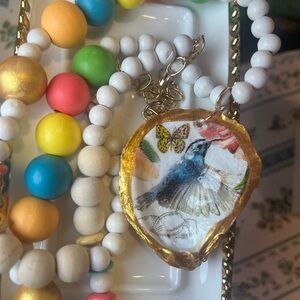 #21 Handmade Gold-Edged Hummingbird Pendant Necklace - White & Multicolor Beads